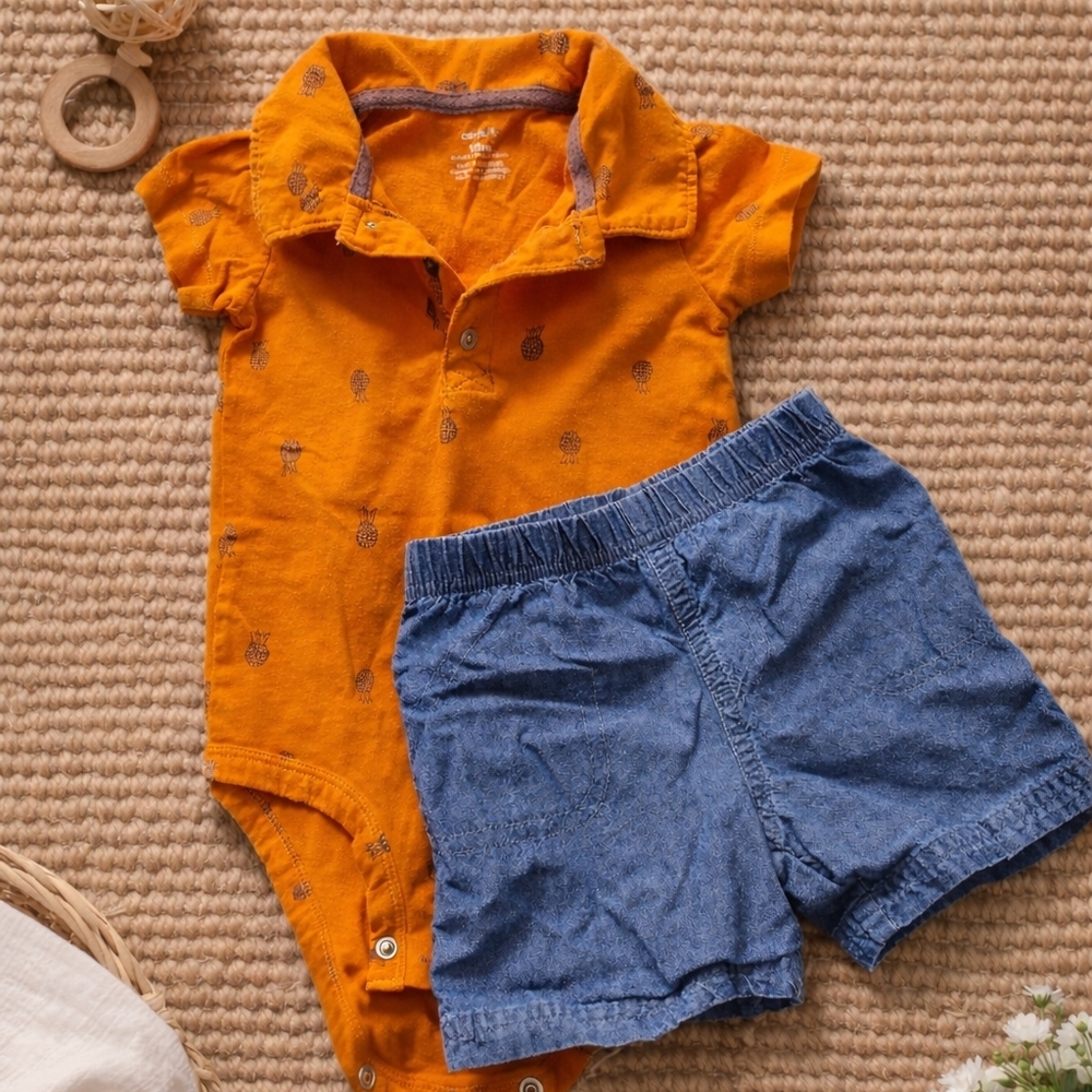 Orange Pineapple Print Collared Baby Onesie with Blue Shorts